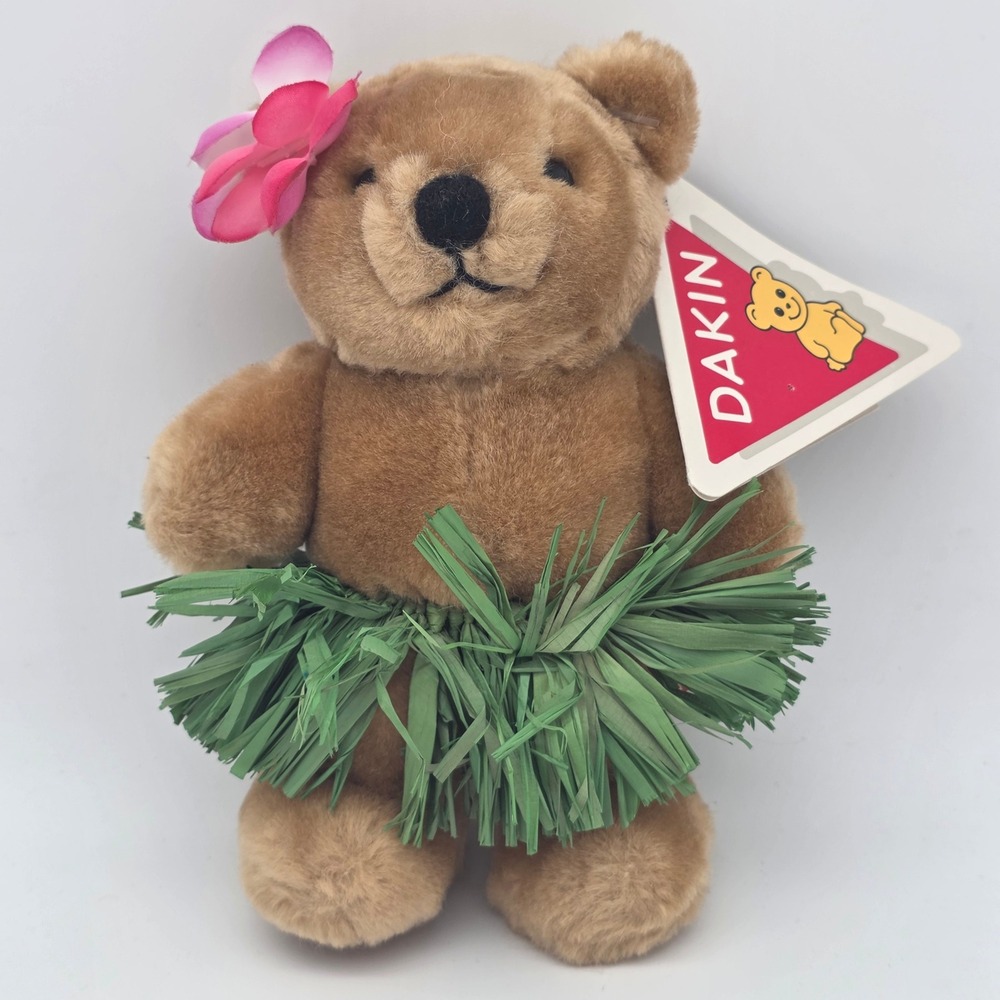 Dakin Hula Teddy Bear 1987 Vintage 7" Brown Plush Hawaiian Flower Grass Skirt